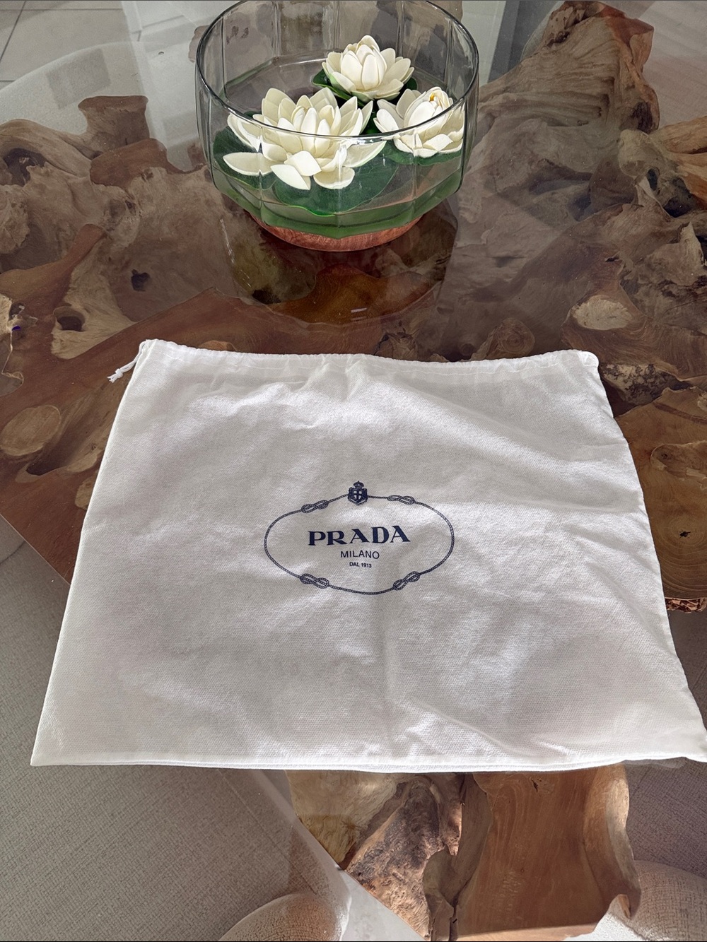 Prada White Dust Bag with Navy Logo Print